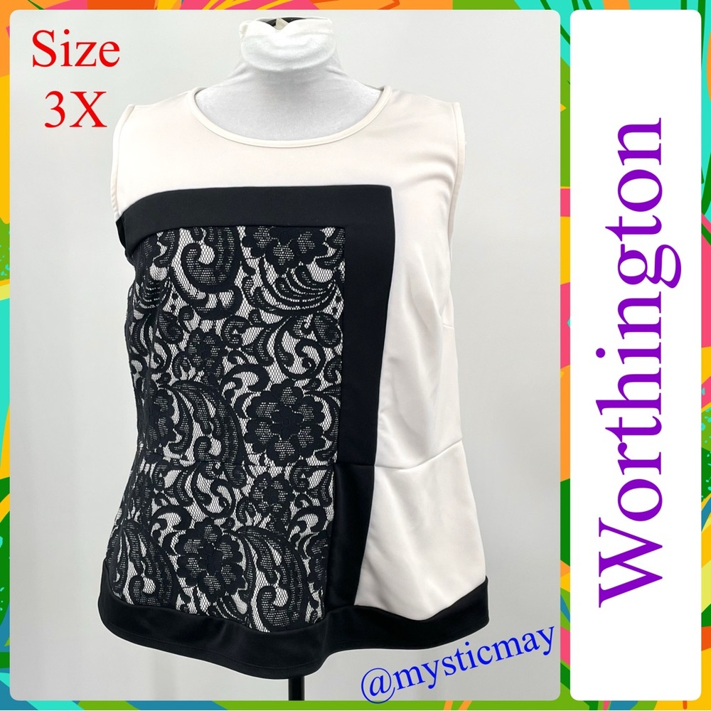 WORTHINGTON Cream w Black Lace Colorblock Sleeveless Peplum Top Plus Size 3X